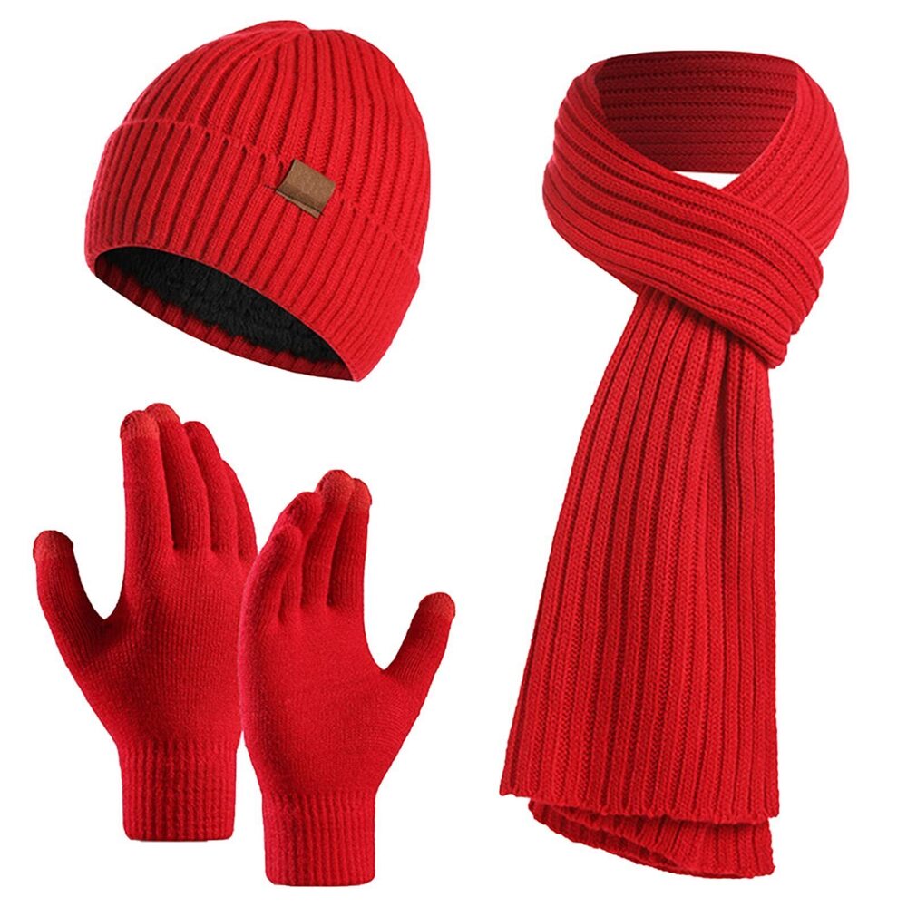 7414 3Pcs Winter Beanie Hat Scarf Gloves Set Ski Cap Touch Screen Mittens
